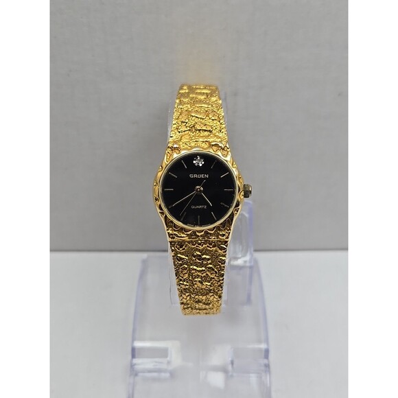 Vintage Gruen Diamond Gold Nugget Black Dial Womens Quartz Watch New Battery - Picture 1 of 10
